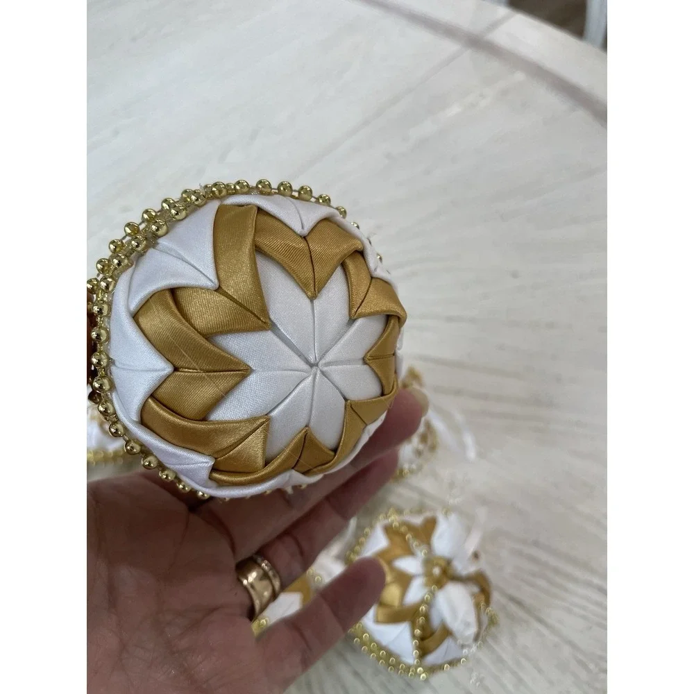 Vtg Handmade Folded Star Quilted Fabric Christmas Ornaments Gold White Lot of 10